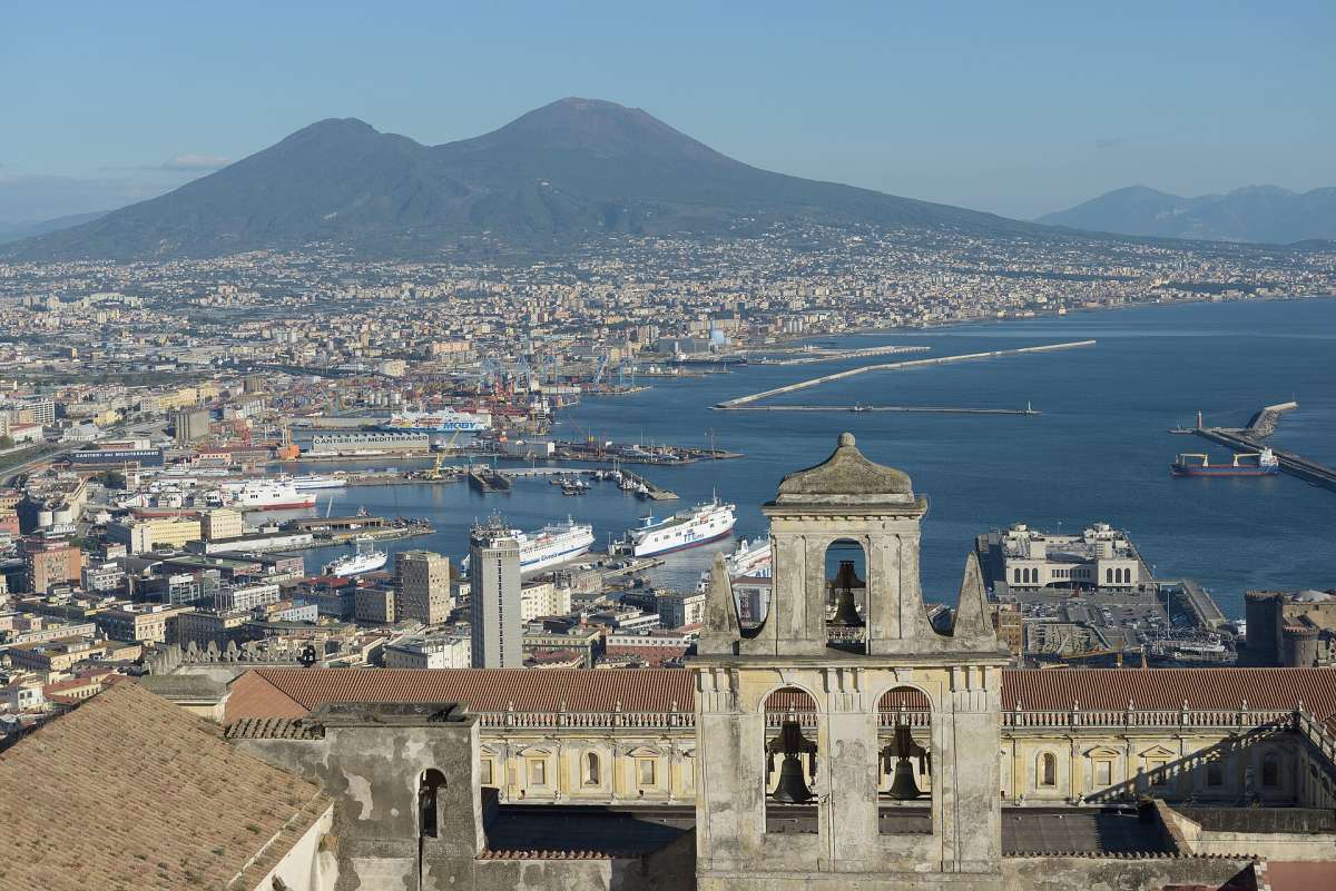 The Bay of Naples and its port seen from Castel Sant'Elmo, with Mount Vesuvius behind the city